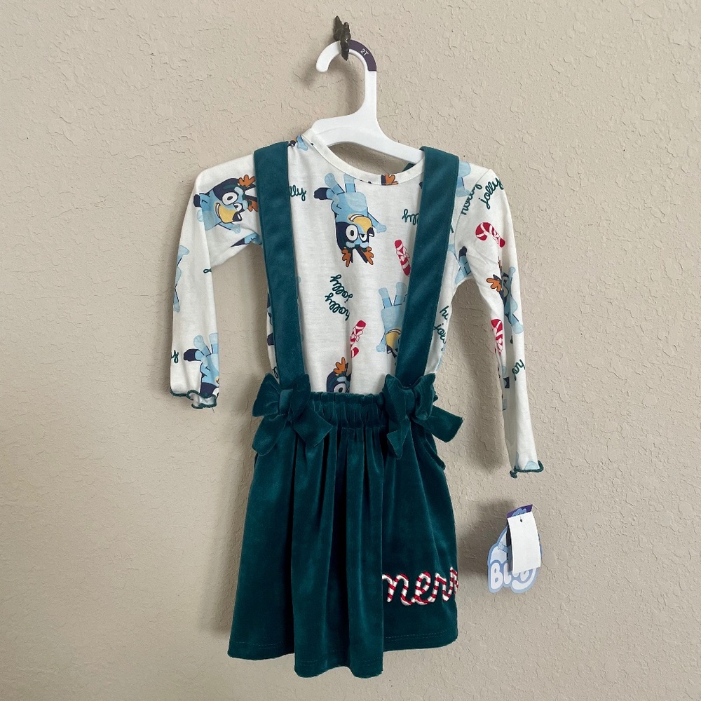Bluey Christmas Holiday Holly Jolly Girls 2 Piece Dress Green Velvet Size 2T
